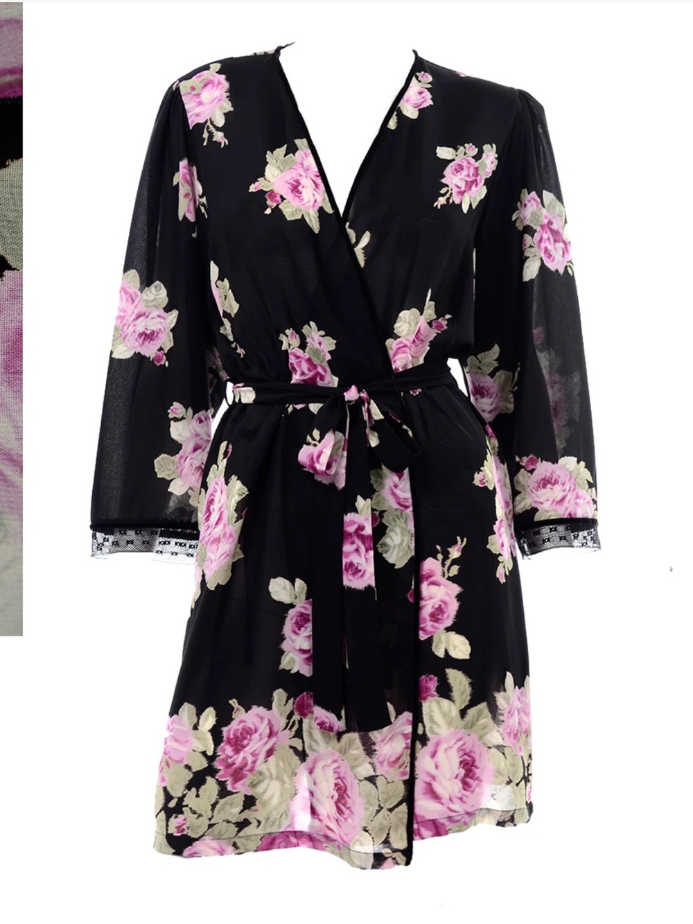 Oscar de la Renta Pink Label Floral Wrap Robe in Black with Pink Roses Size M